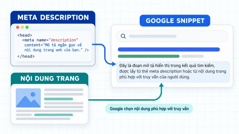 Sơ đồ Meta Description và nội dung trang được Google dùng để tạo snippet
