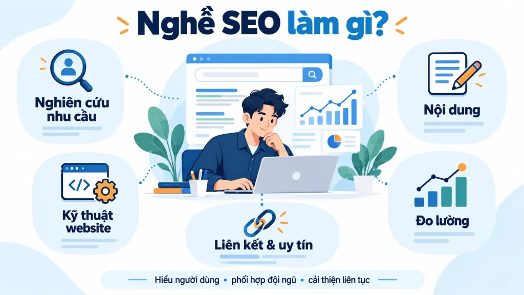 Nghề SEO gồm nghiên cứu nhu cầu, nội dung, kỹ thuật, liên kết và đo lường