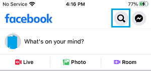 Khi bạn đang ở trên Facebook, hãy nhấn vào biểu tượng Tìm kiếm nằm ở góc trên bên phải.