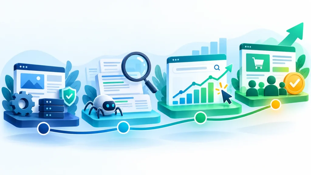 Timeline SEO từ nền tảng kỹ thuật, crawl và index đến tăng trưởng traffic và chuyển đổi