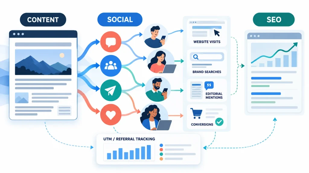 Social sharing phân phối nội dung và tạo lượt truy cập, tìm kiếm thương hiệu, nhắc đến và chuyển đổi