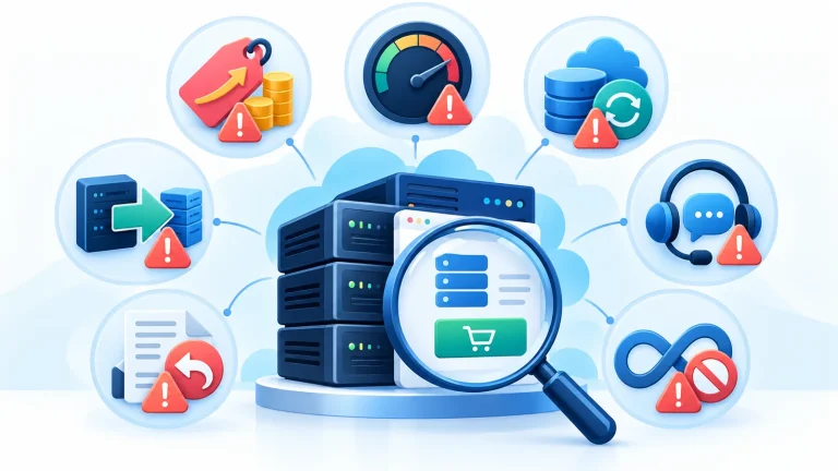 Bảy rủi ro cần kiểm tra khi mua hosting giá rẻ gồm giá, tài nguyên, backup, support và chuyển dữ liệu