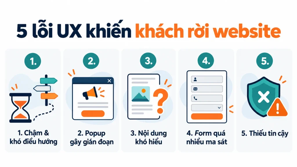 Năm lỗi UX khiến khách rời website: chậm, popup, nội dung khó hiểu, form nhiều ma sát và thiếu tin cậy