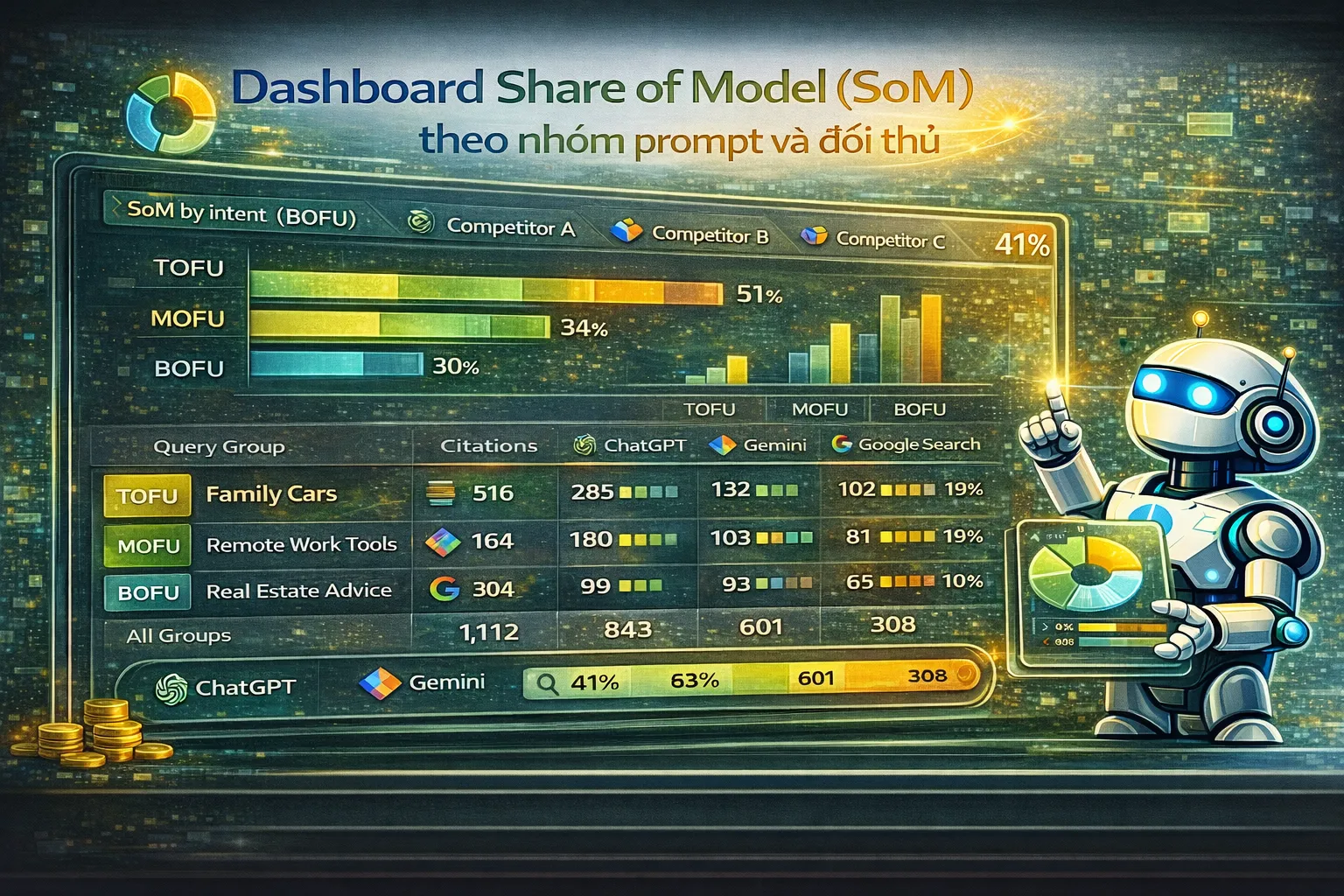 Dashboard Share of Model (SoM) theo nhóm prompt và đối thủ