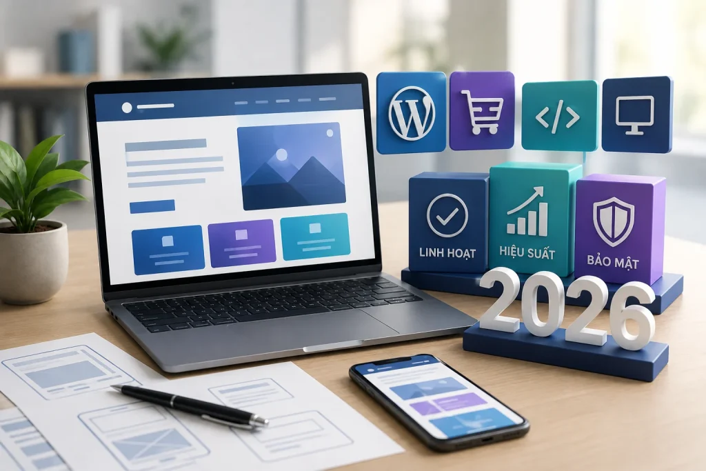 Minh họa lựa chọn nền tảng thiết kế website, hiệu suất và bảo mật