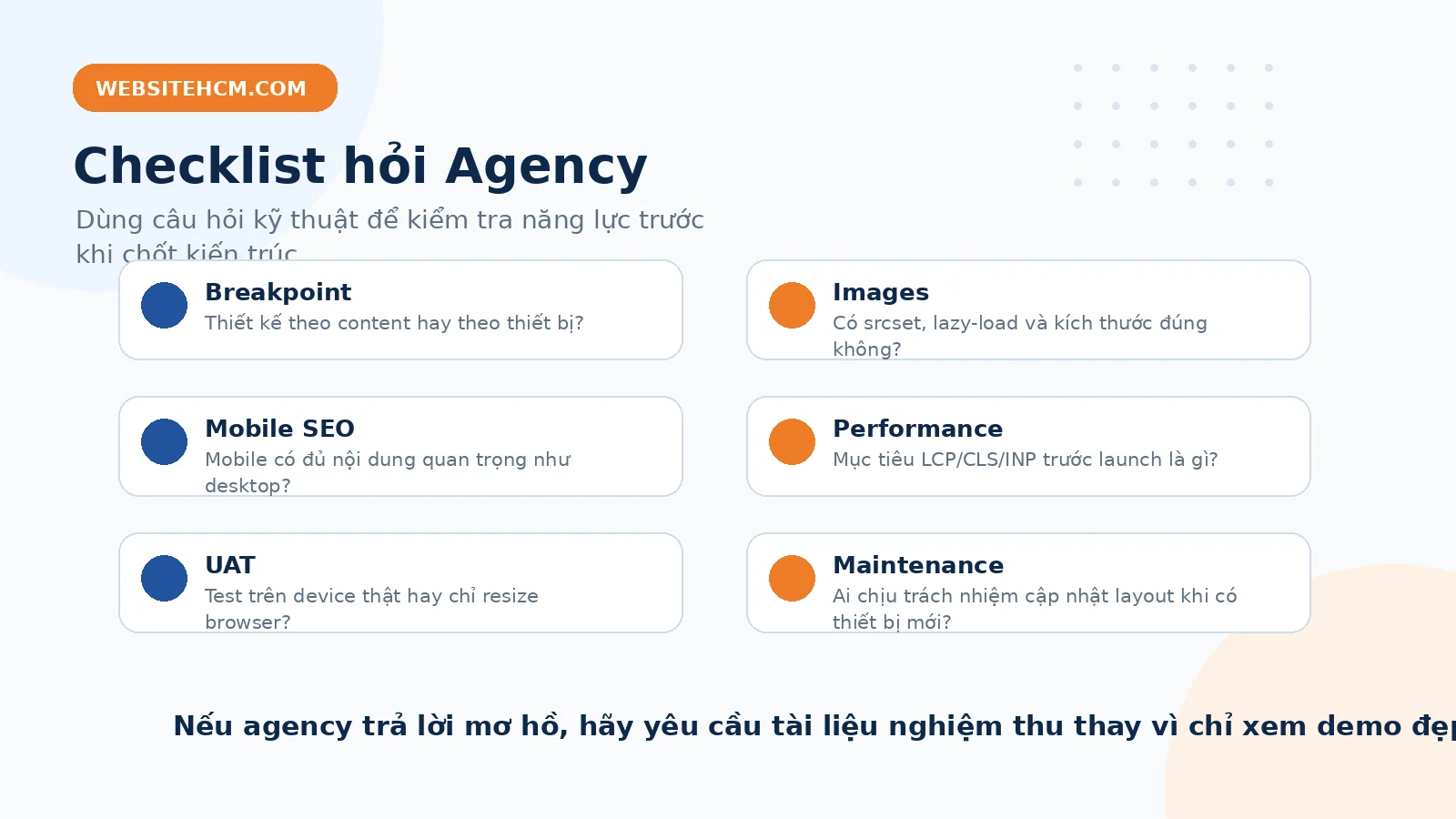 Checklist câu hỏi dành cho agency khi chọn Responsive hoặc Adaptive Design