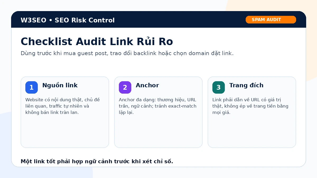 Checklist đánh giá backlink theo spam score nguồn link anchor và trang đích