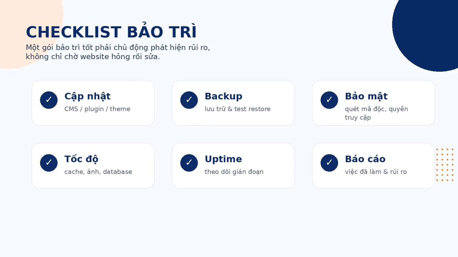 Checklist bảo trì website gồm cập nhật mã nguồn backup quét mã độc tối ưu database theo dõi uptime và kiểm tra tốc độ