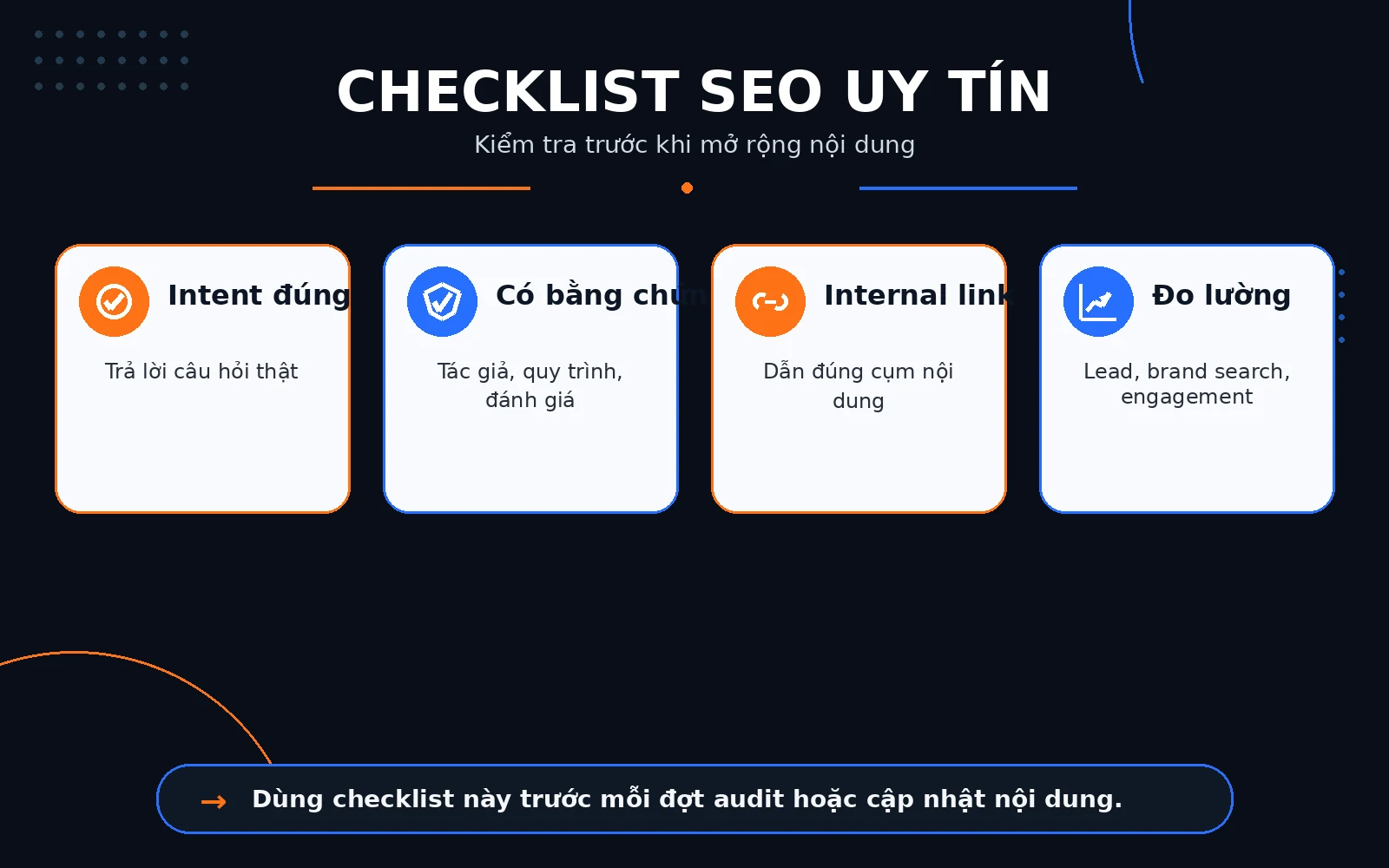 Checklist SEO xây dựng uy tín thương hiệu Checklist giúp rà lại các tín hiệu trust trước khi mở rộng nội dung SEO.