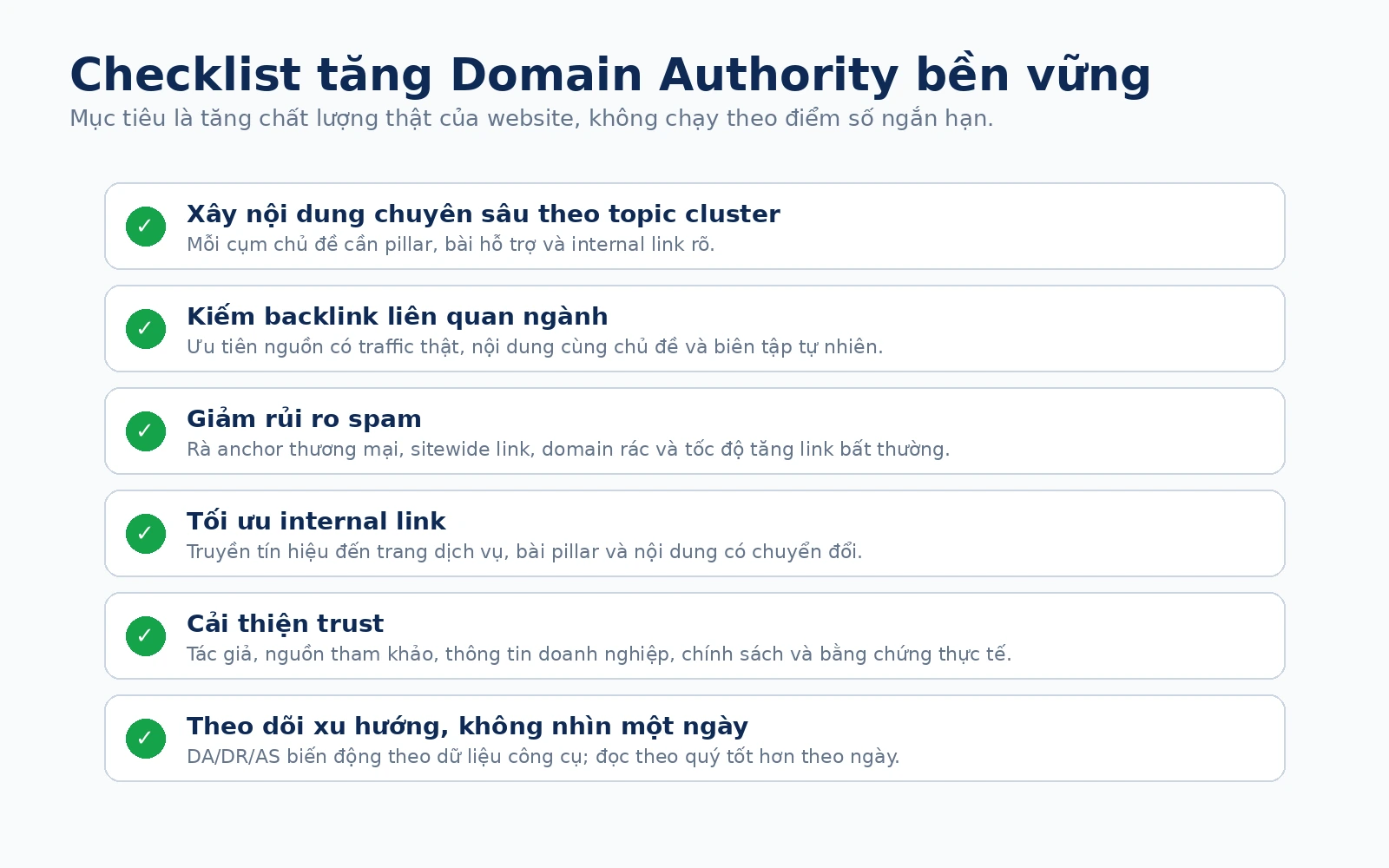 Checklist tăng Domain Authority bền vững bằng nội dung backlink và trust