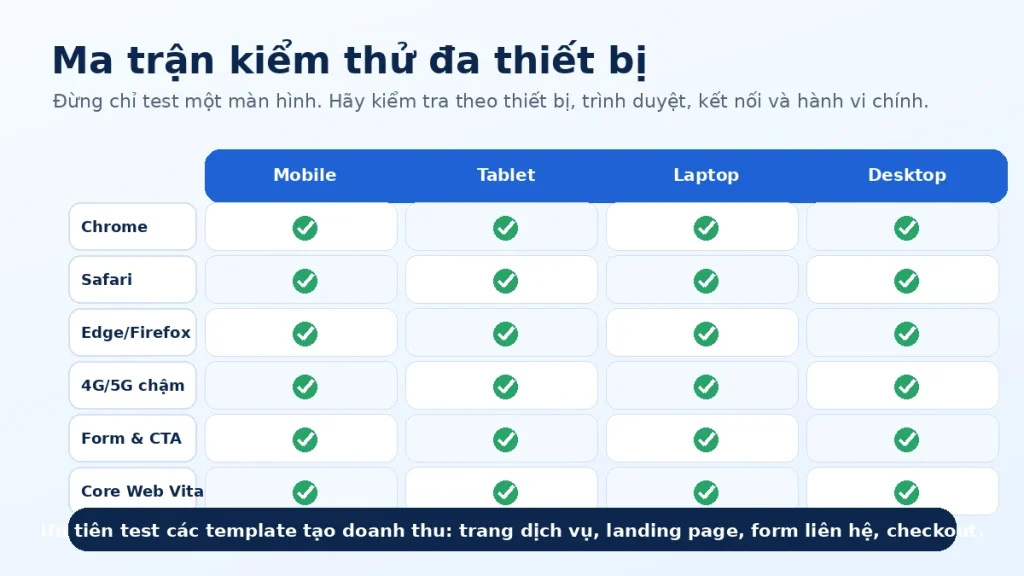Ma trận kiểm thử cross-device compatibility theo task, browser và capability