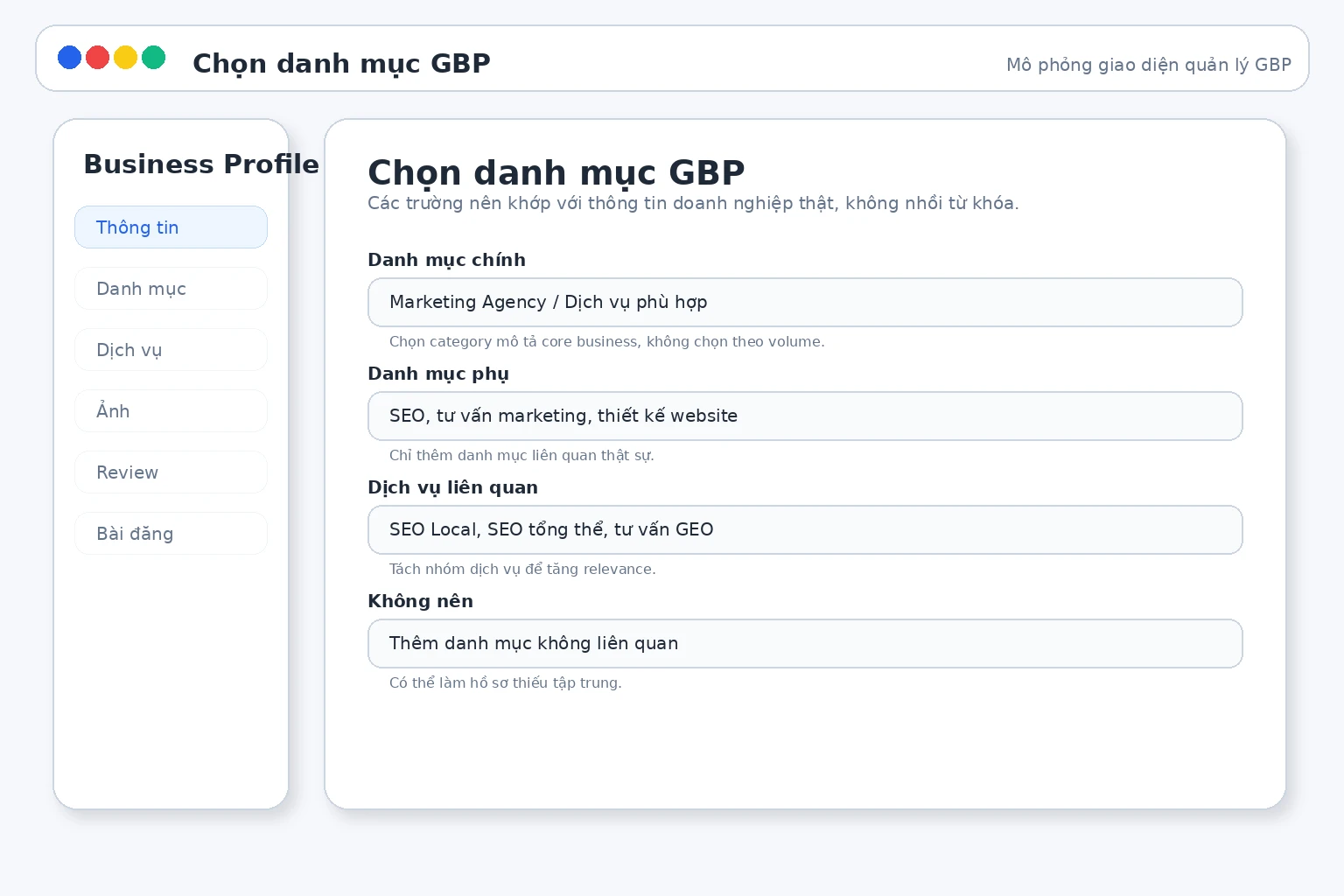 Giao diện chọn danh mục chính và phụ trong Business Profile