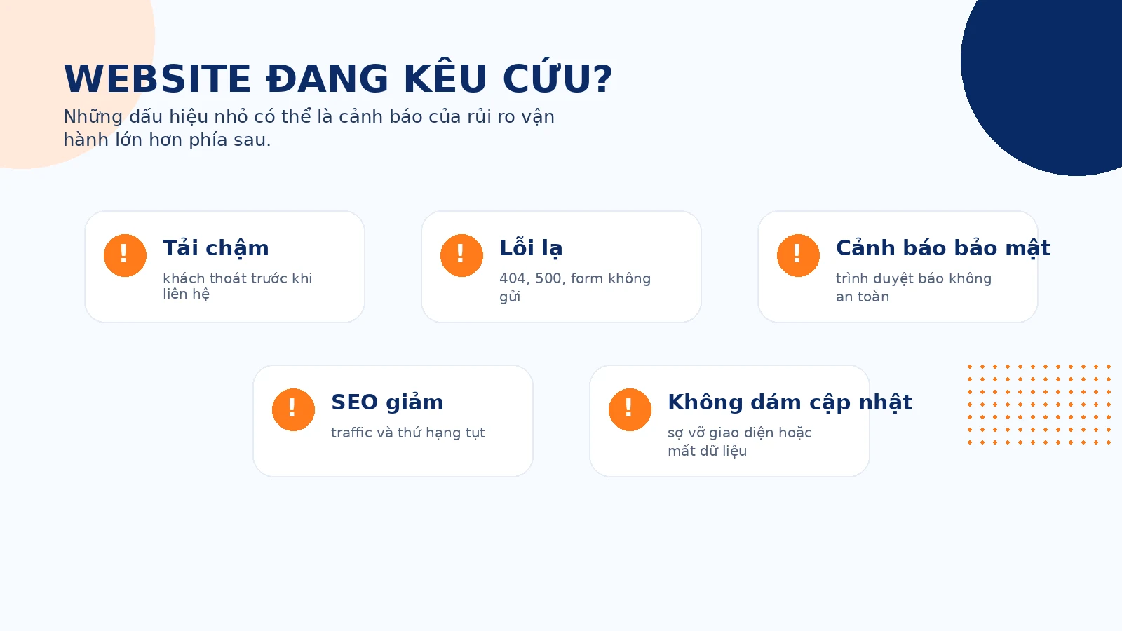 Các dấu hiệu website cần bảo trì ngay như tải chậm lỗi lạ cảnh báo bảo mật tụt hạng SEO và plugin lỗi thời