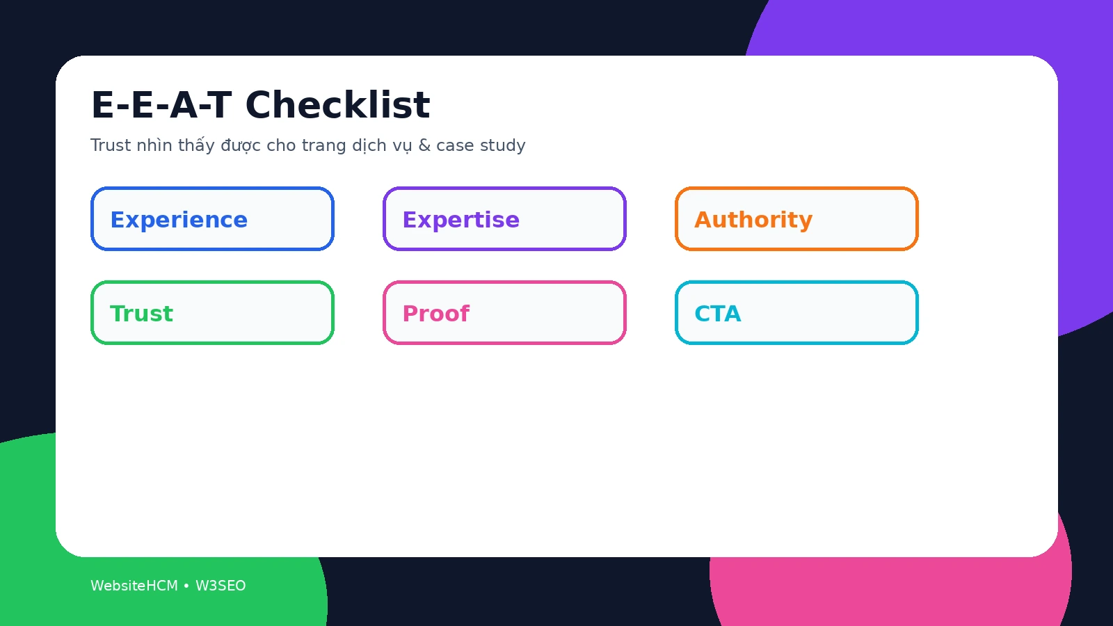 Infographic màu nổi bật E-E-A-T checklist trust nhìn thấy được cho trang dịch vụ và case study