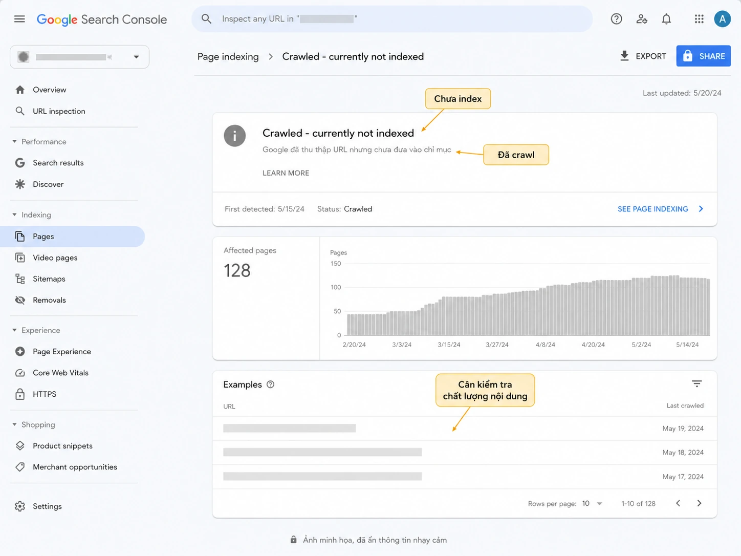 Ảnh chụp minh họa Google Search Console cho trạng thái Crawled currently not indexed đã che thông tin nhạy cảm