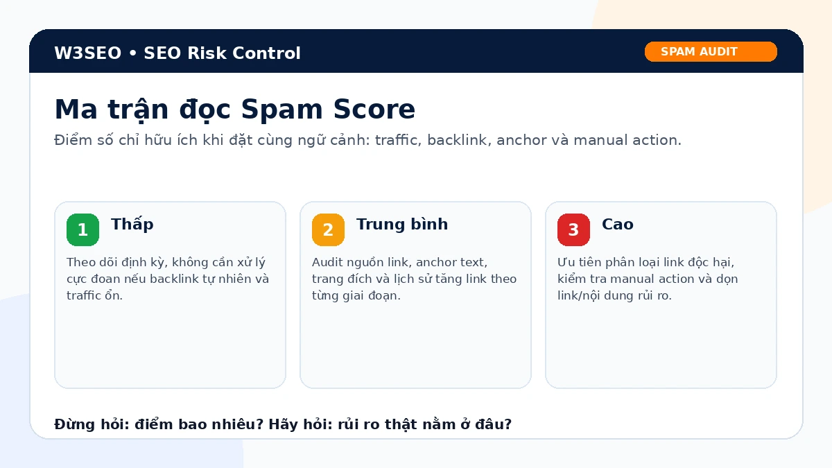 Ma trận đọc hiểu spam score theo mức thấp trung bình cao và ngữ cảnh backlink