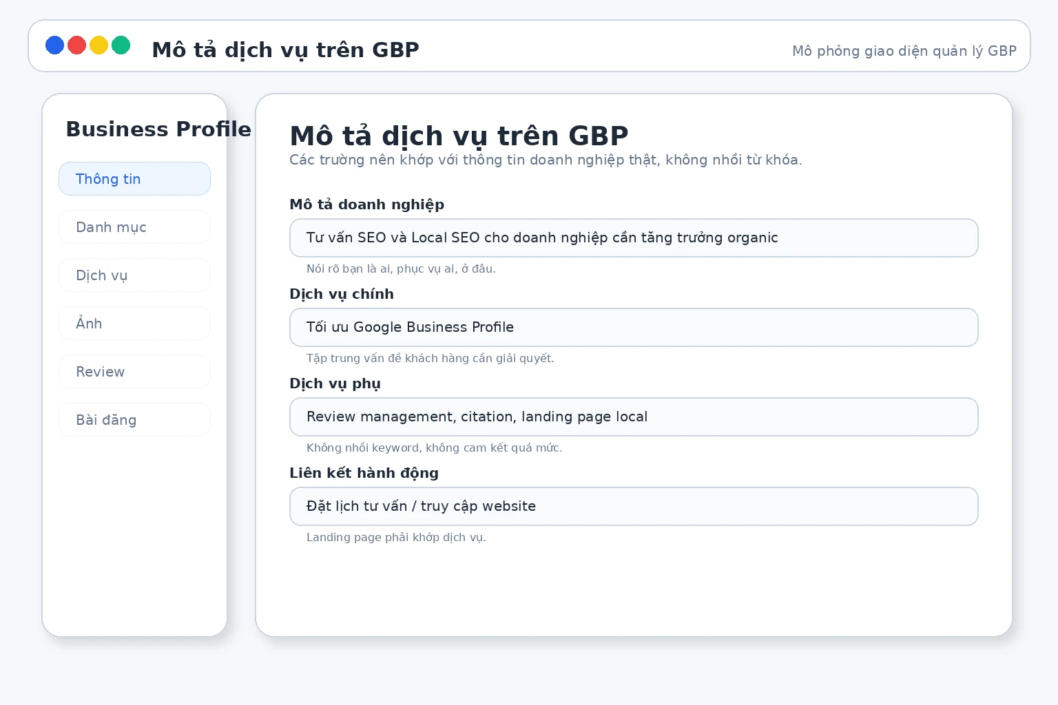 Giao diện mô tả dịch vụ và sản phẩm trong Business Profile