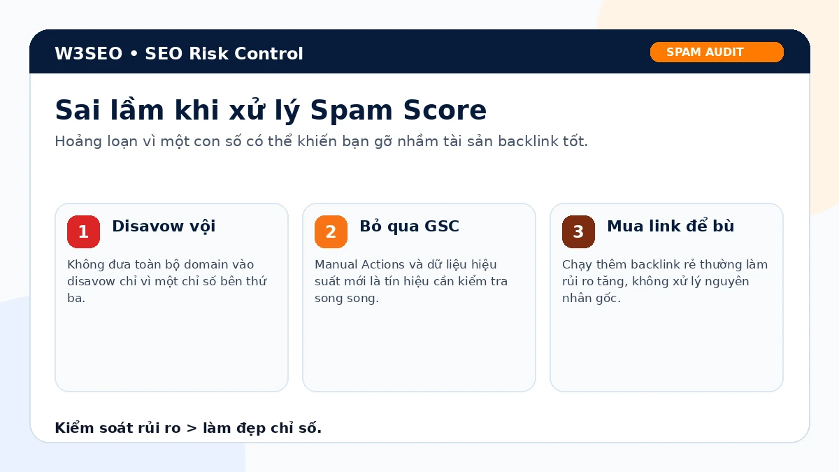 Các sai lầm khi xử lý spam score như disavow vội và mua thêm backlink rẻ