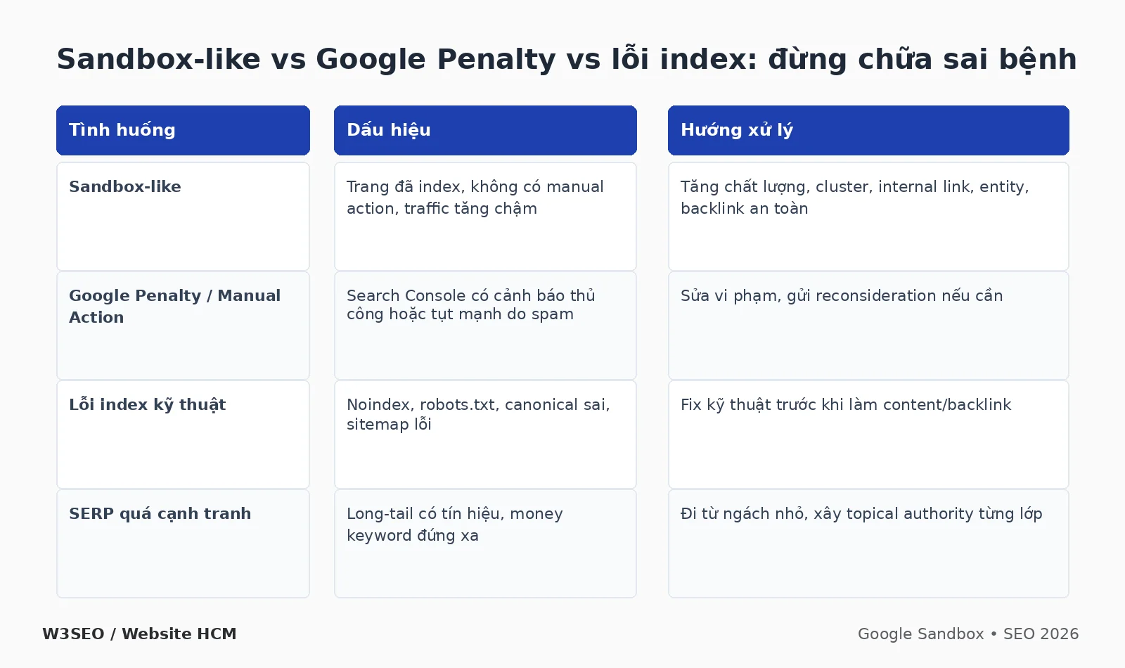 Ma trận phân biệt hiện tượng Google Sandbox với lỗi index và Google Penalty