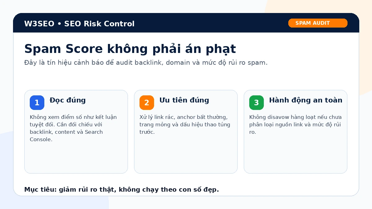 Infographic giải thích Spam Score là chỉ số cảnh báo rủi ro SEO chứ không phải án phạt Google