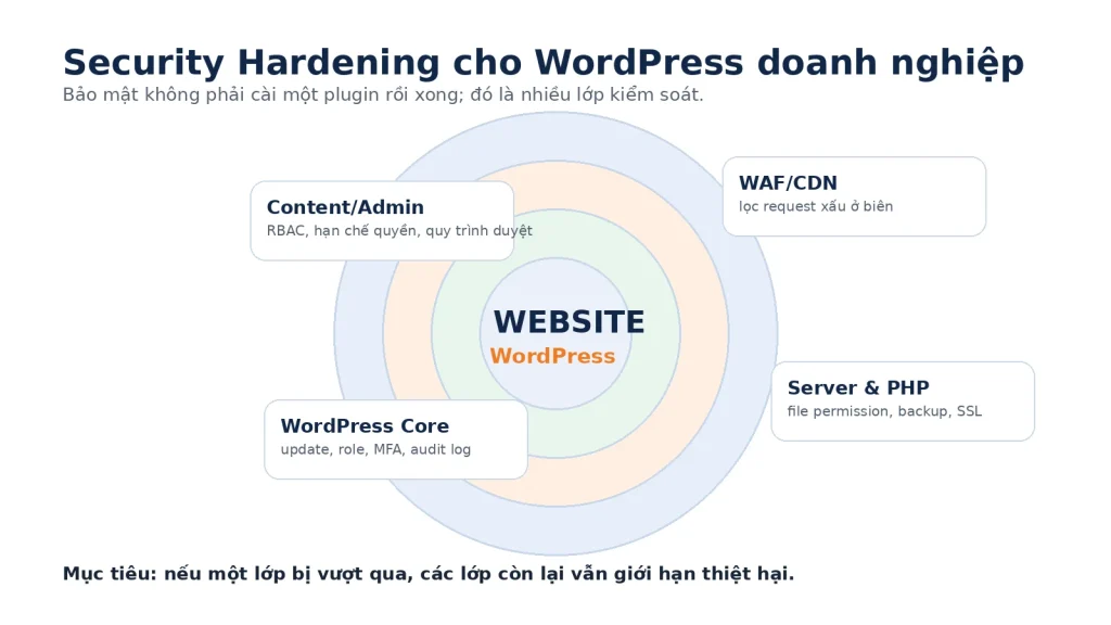 Sơ đồ các lớp hardening và kiểm soát bảo mật WordPress cho doanh nghiệp