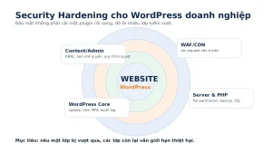 Sơ đồ các lớp hardening và kiểm soát bảo mật WordPress cho doanh nghiệp