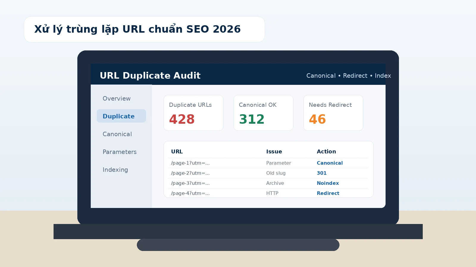 Chuyên viên kiểm tra URL trùng lặp, canonical, redirect và indexing