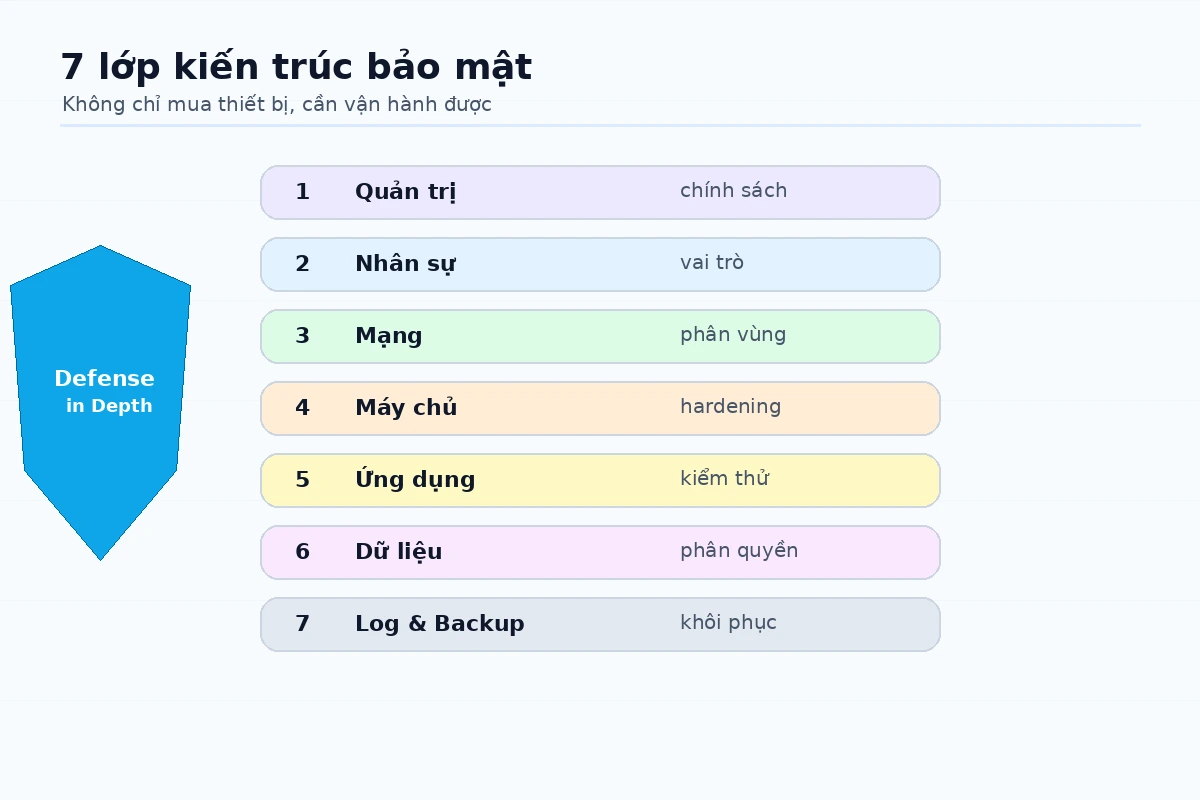 Các lớp kiến trúc bảo mật cấp độ 2 gồm quản trị, nhân sự, mạng, máy chủ, ứng dụng, dữ liệu, log và phục hồi