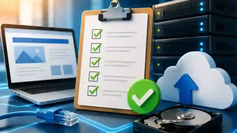 Minh họa checklist kiểm tra website sau khi chuyển hosting với máy chủ, sao lưu, kết nối mạng và trạng thái hoàn tất