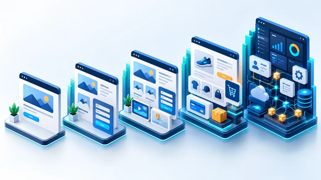 Minh họa năm mức phạm vi website từ landing page đến hệ thống theo yêu cầu