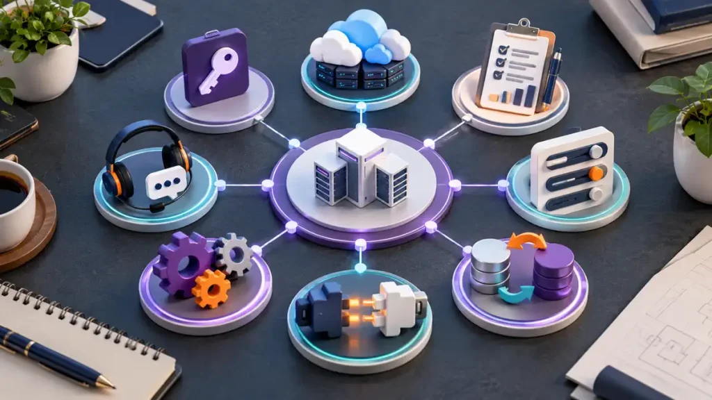 Minh họa các nhóm license, hosting, triển khai, dữ liệu, tích hợp, tùy biến và hỗ trợ Odoo
