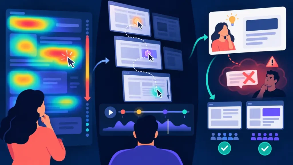 Sơ đồ đối chiếu heatmap, session recording và thử nghiệm trước khi kết luận