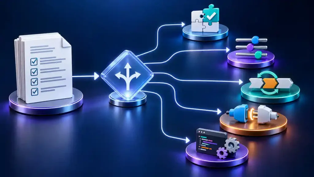 Sơ đồ phân loại yêu cầu Odoo thành standard fit, cấu hình, thay đổi quy trình, tích hợp và tùy biến